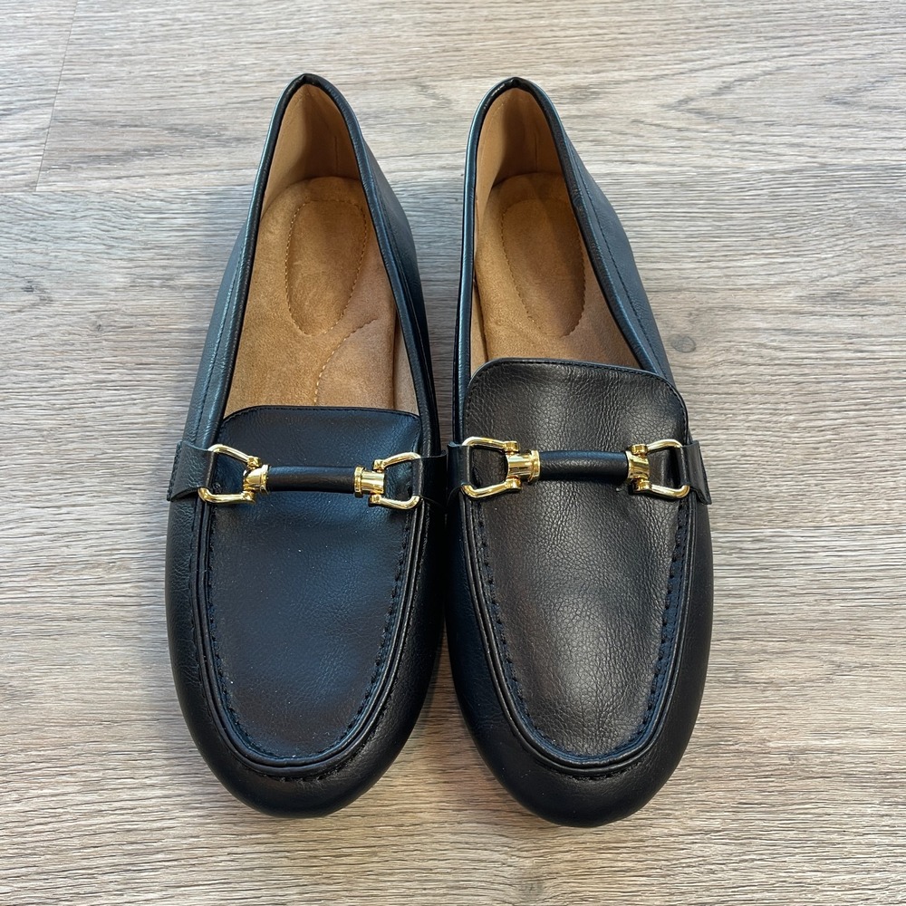 Womens Black Horsebit Loafers Size 39 US 8-8.5 Gold Bit Comfort Slip On Flats